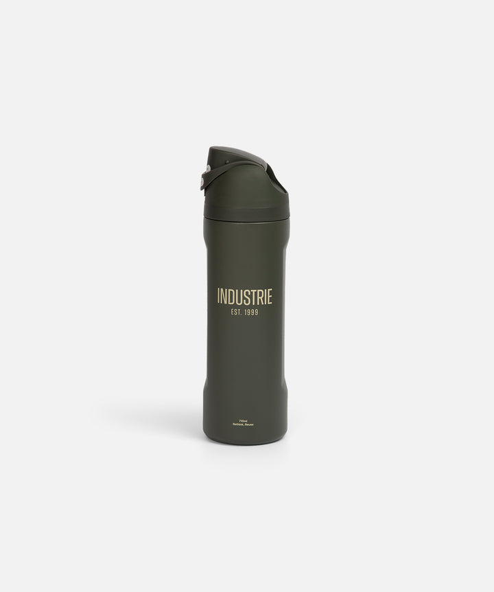 Green insulated bottle with 'Industrie' branding on a white background