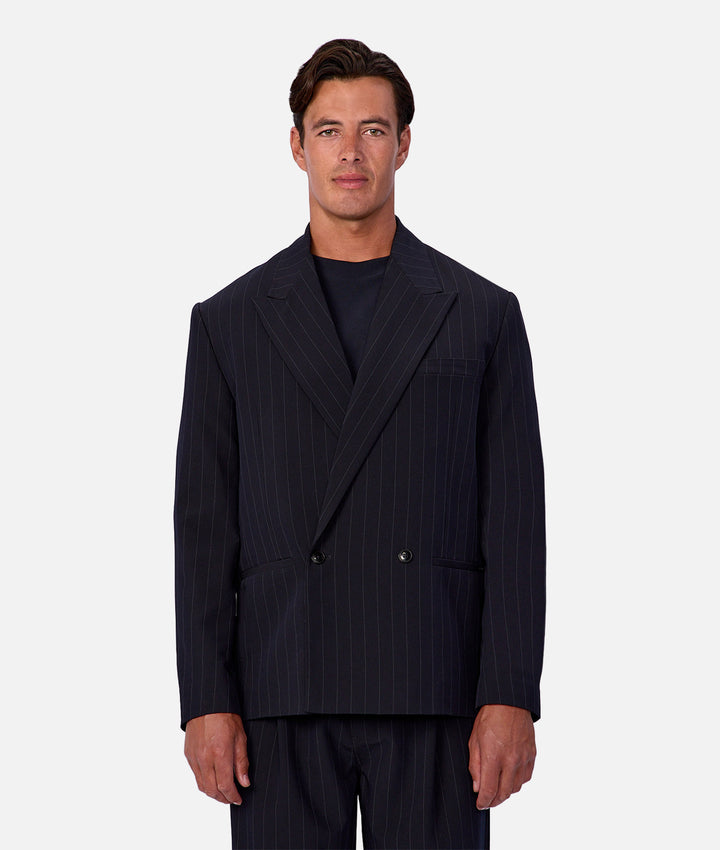 Man wearing a dark pinstripe suit on a white background