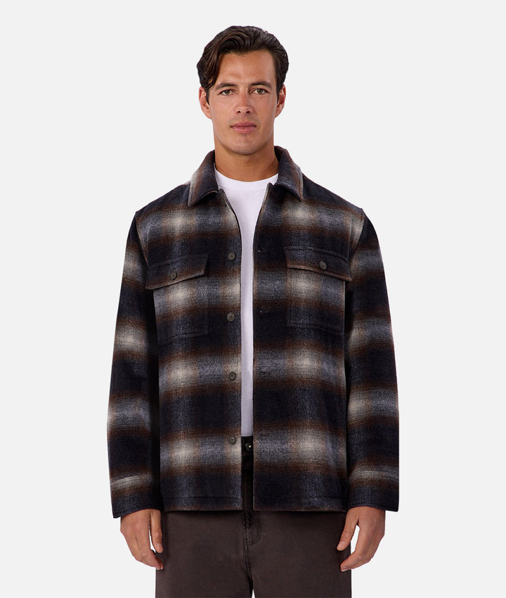 Man wearing a button up jacket on a white background