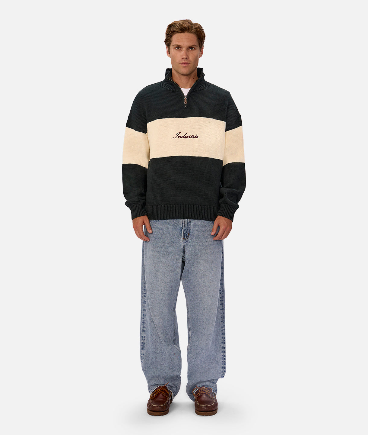 The Osborne Zip Neck Knit - Pine Cream Combo