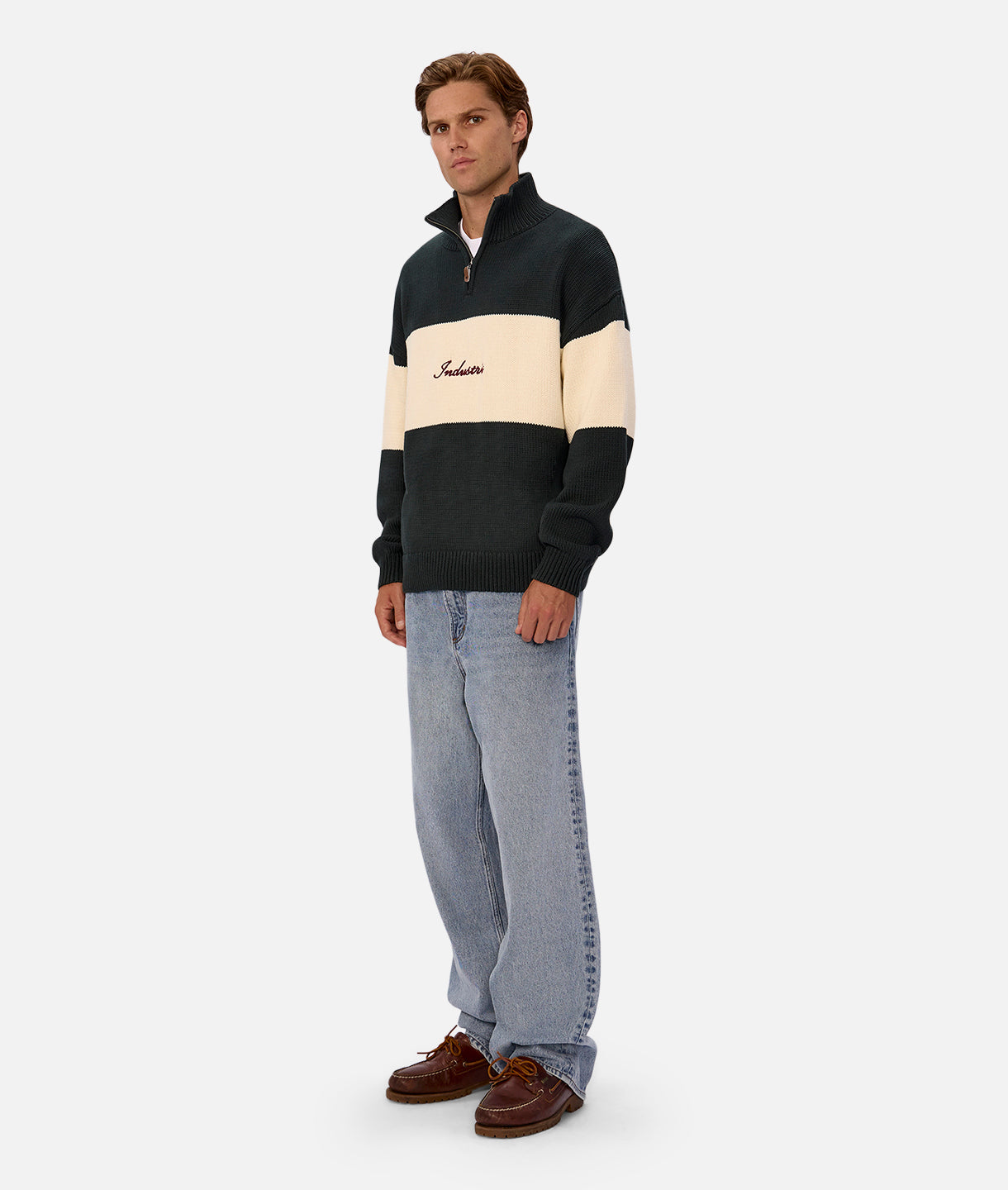 The Osborne Zip Neck Knit - Pine Cream Combo