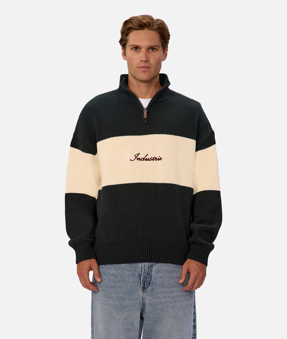 The Osborne Zip Neck Knit - Pine Cream Combo