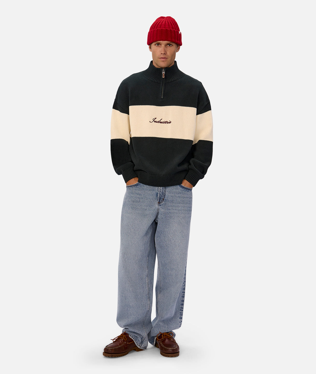 The Osborne Zip Neck Knit - Pine Cream Combo