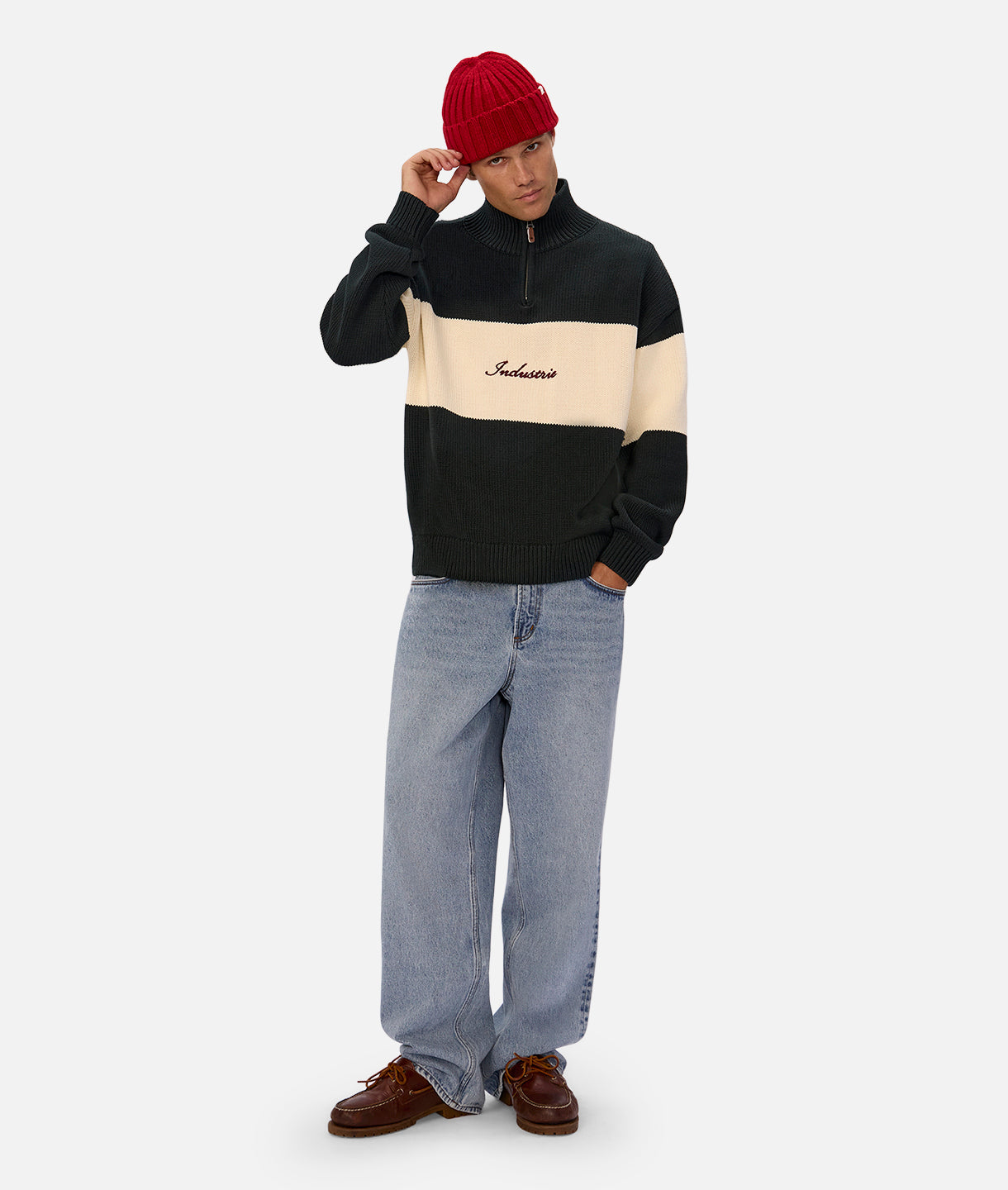 The Osborne Zip Neck Knit - Pine Cream Combo