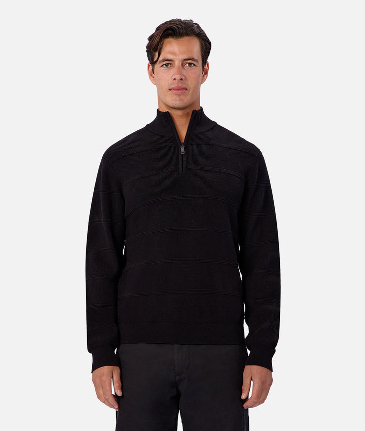Man wearing a black quarter-zip pullover on a white background