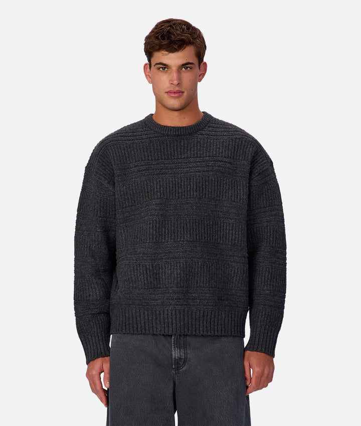 Man wearing a dark gray sweater on a white background