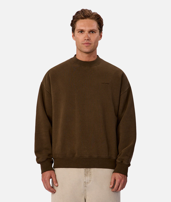 Man wearing a brown sweatshirt on a white background