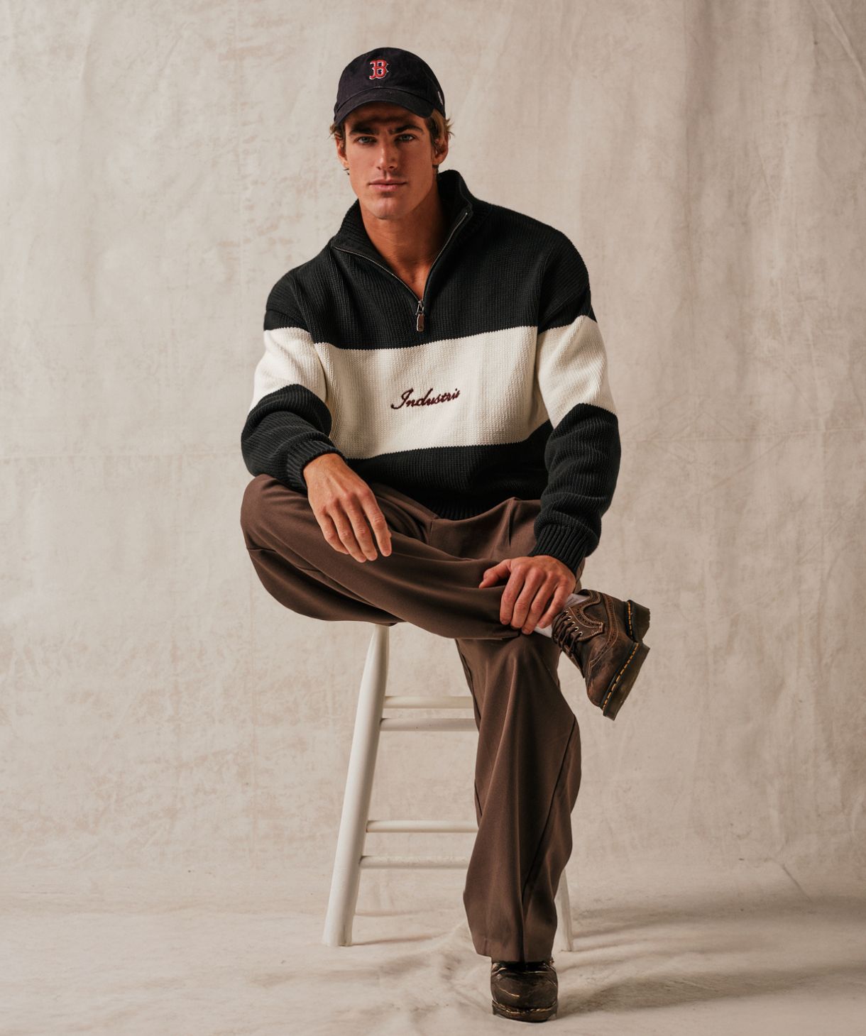 The Osborne Zip Neck Knit - Pine Cream Combo